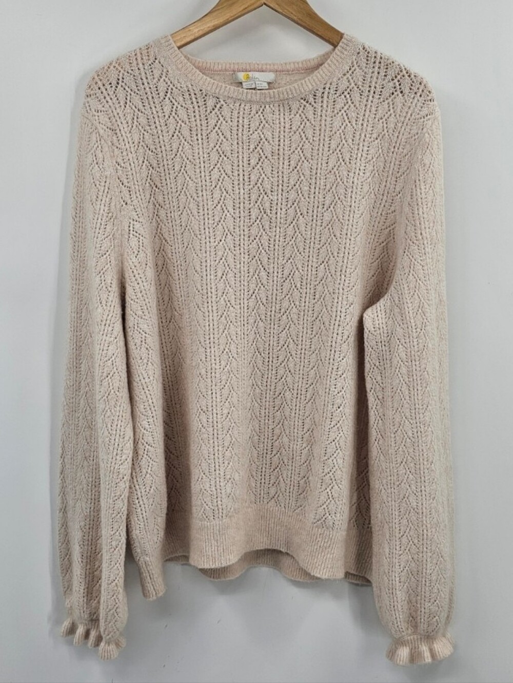 Boden Wool Blend Cream Pink Crewneck Sweater Ruffle Size 20